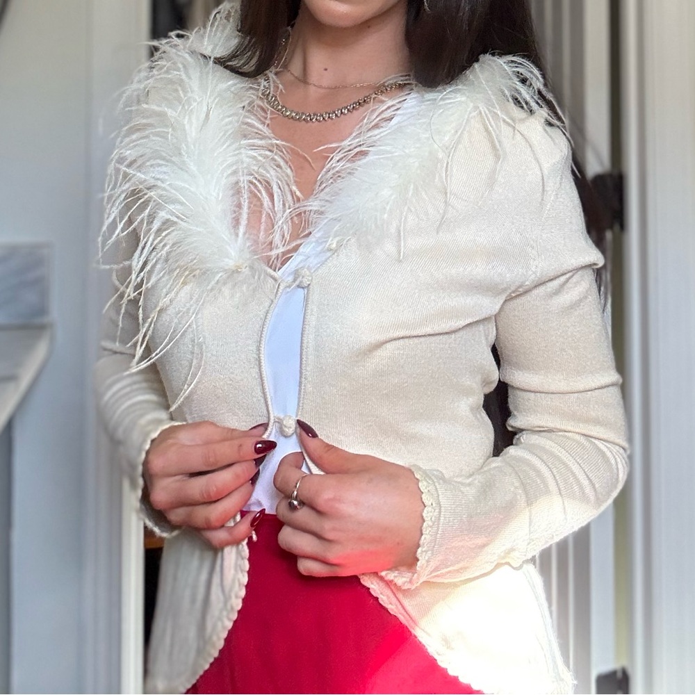 Vintage Shu Shu Cream Silk Cashmere ostrich feather Cardigan knit details size M